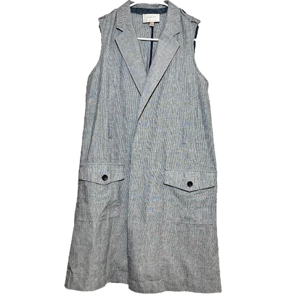 Skies Are Blue Blazer Tweed Vest Linen Sleeveless Notch Lapel Flap Pocket Gray